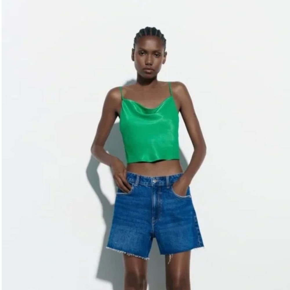 Zara Satin Effect Crop Top in Green, Size Medium